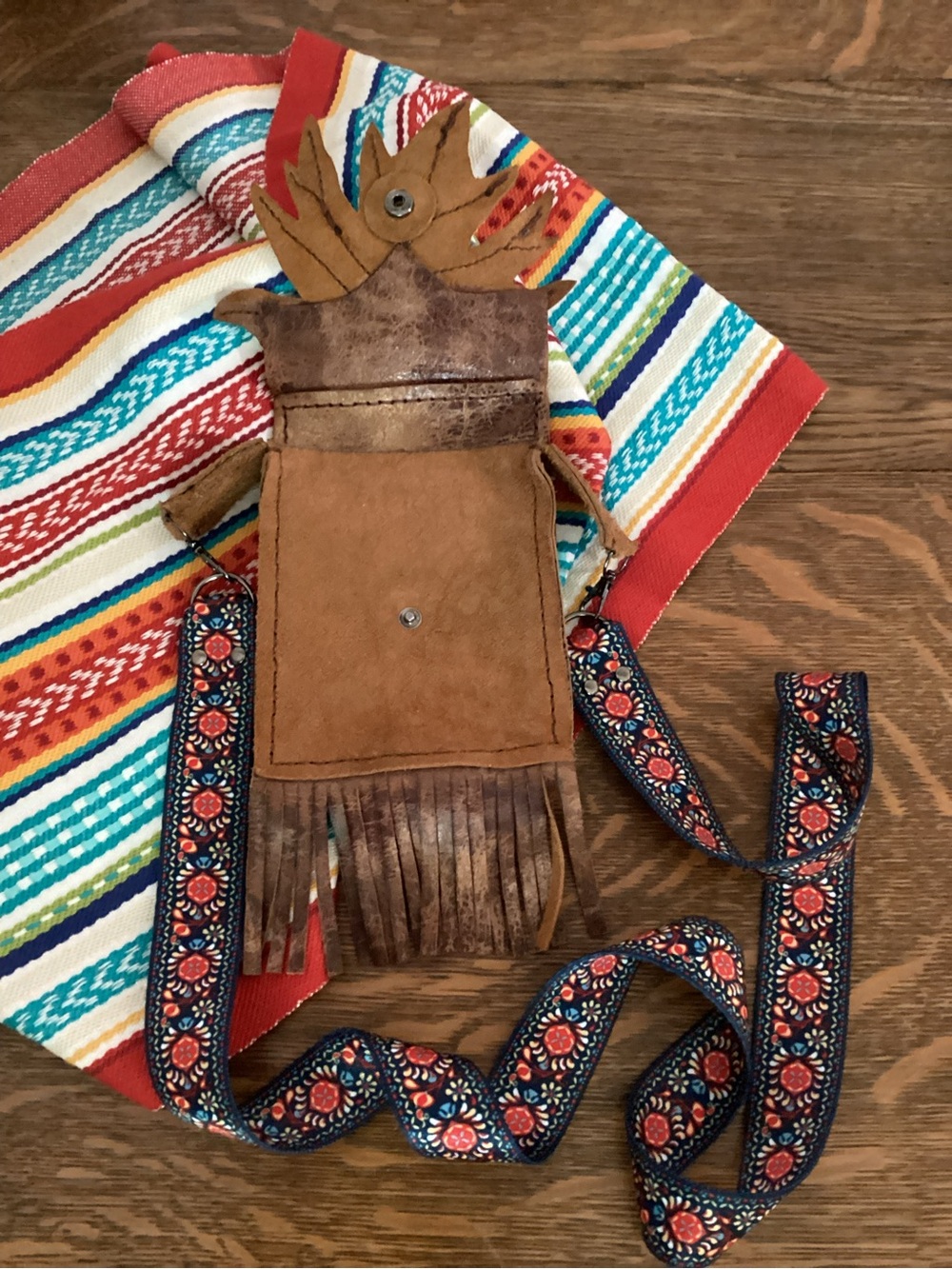 Boho Leather Fringe Crossbody with Leaf Applique - Brown - Picture 4 of 9